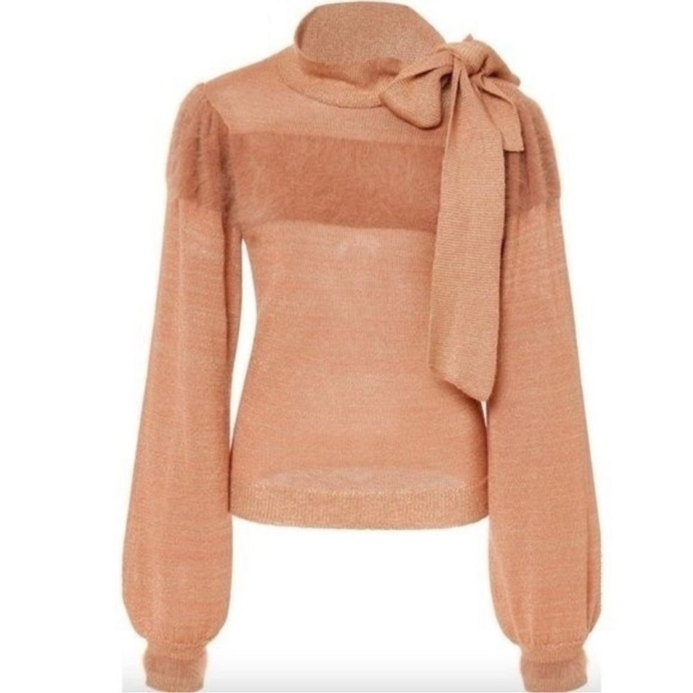 ULLA JOHNSON Fabia Genuine Angora Hair and Cashmere Sweater w/ Bow in Terracotta